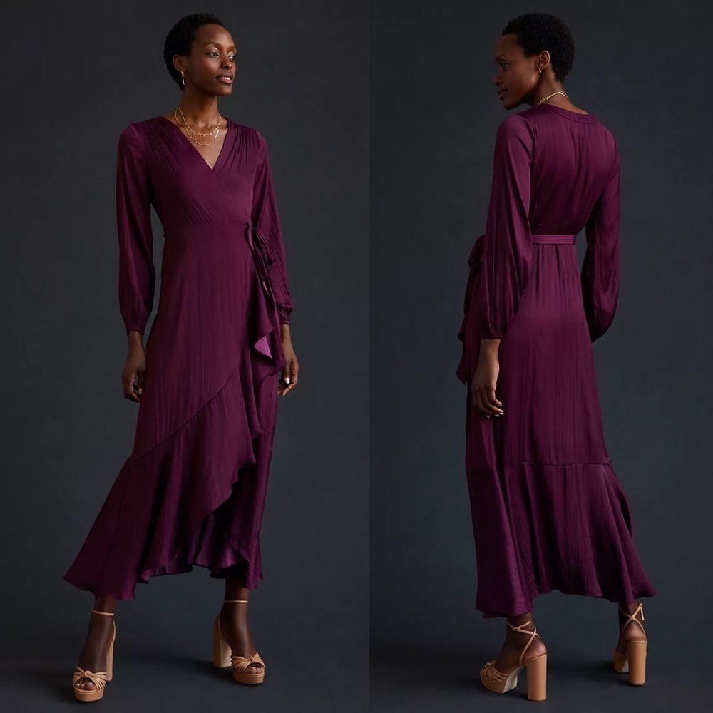 Anthropologie Maeve V-Neck Wrap‎ Raspberry Ruffle Maxi Dress